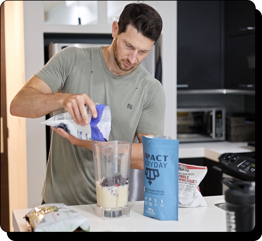 “When I make a smoothie I like to feel like an entire meal so I like to include lots of fruits and veg and all kinds of ingredients like banana, strawberries, blueberries, avocado, egg whites and Impact Everyday protein powder.” -Nick